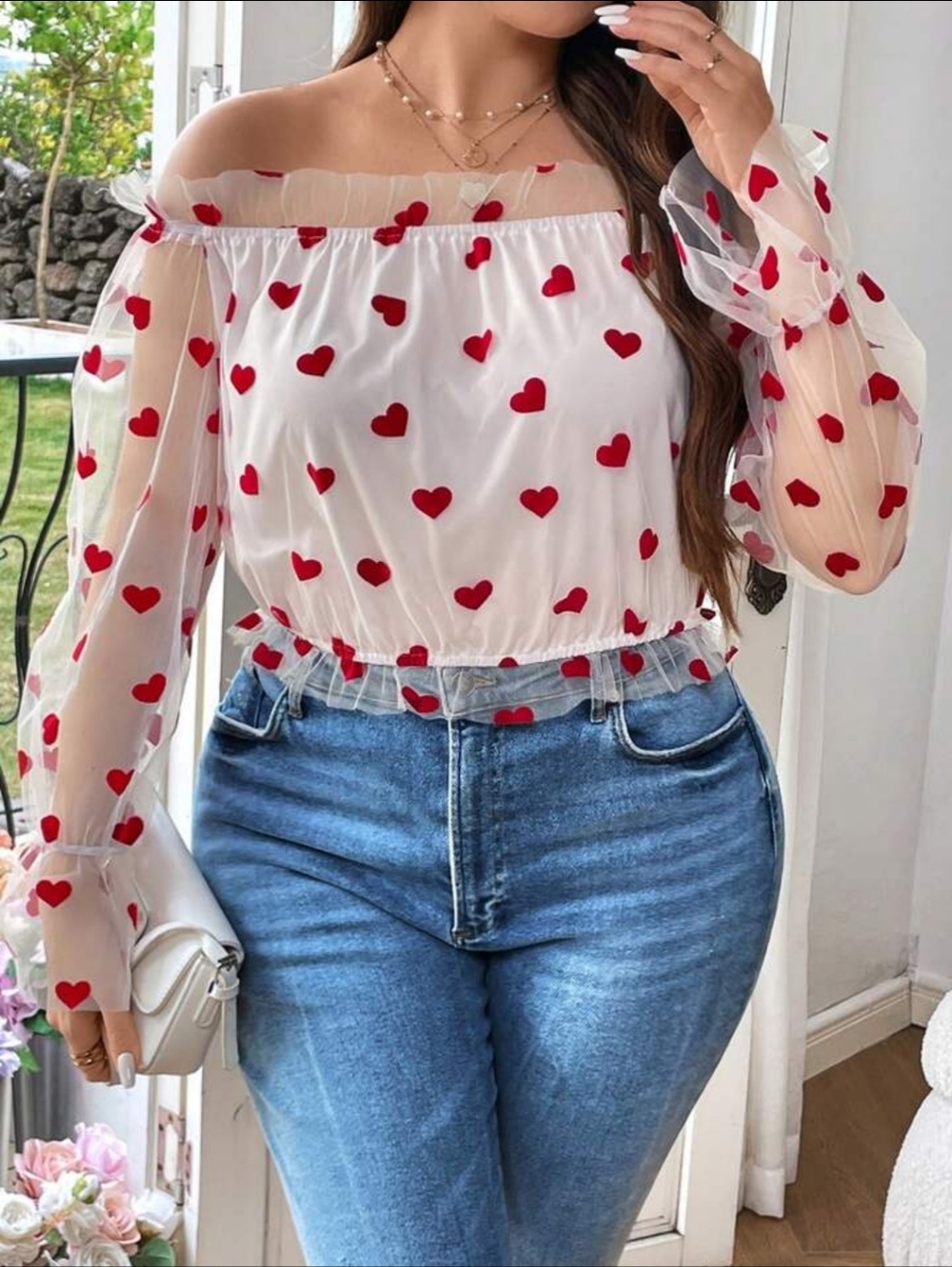 SHEIN Plus Size Flocked Heart Off Shoulder See-Through Mesh Long Sleeve Blouse